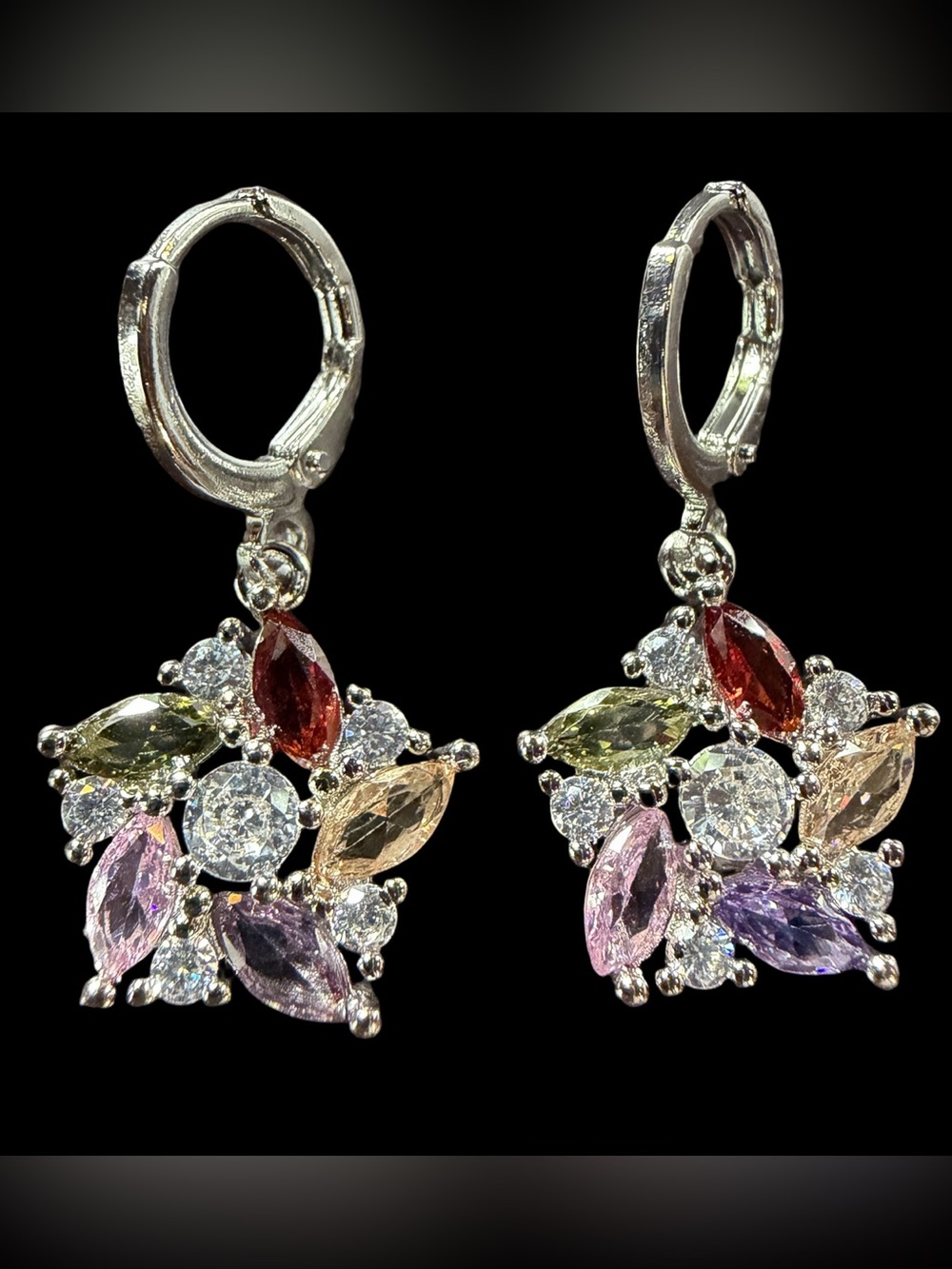 Multi-Stone Silver Drop Earrings - Colorful Floral Cluster - Picture 1 of 4